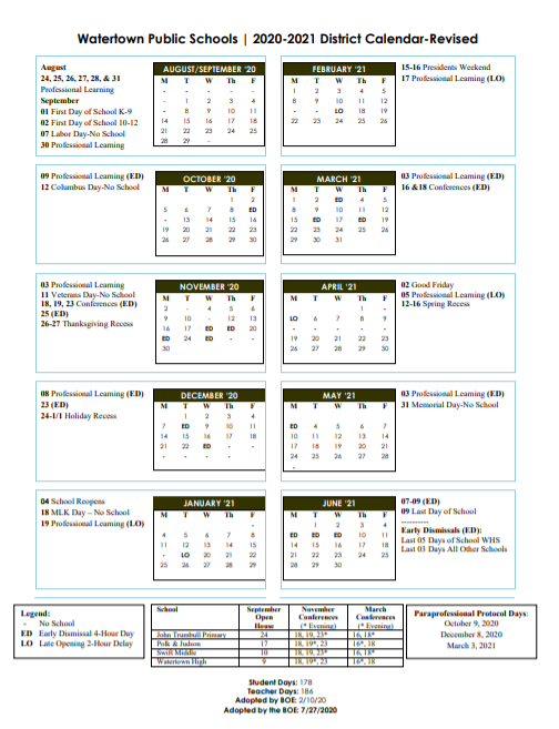 20 21 Watertown Revised Calendar Watertown Public Schools