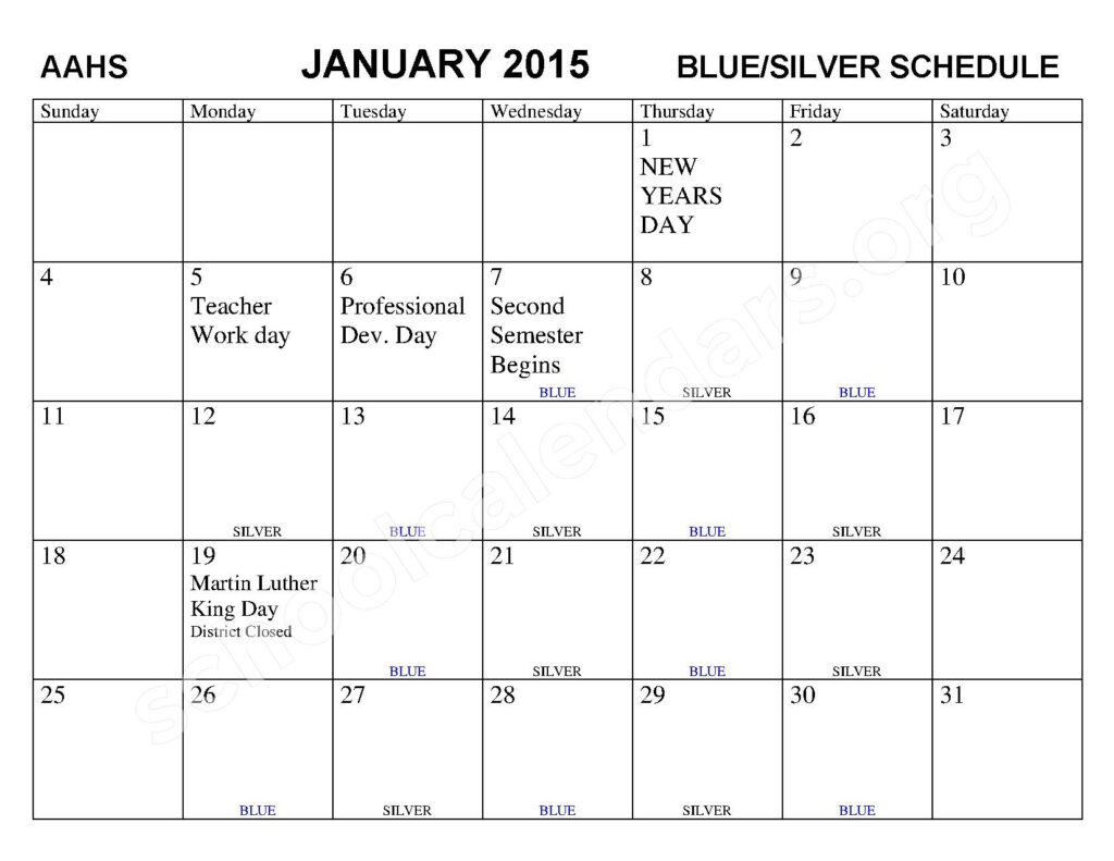 2014 2015 Blue Silver Schedule Calendar Academy Endeavour Elementary 