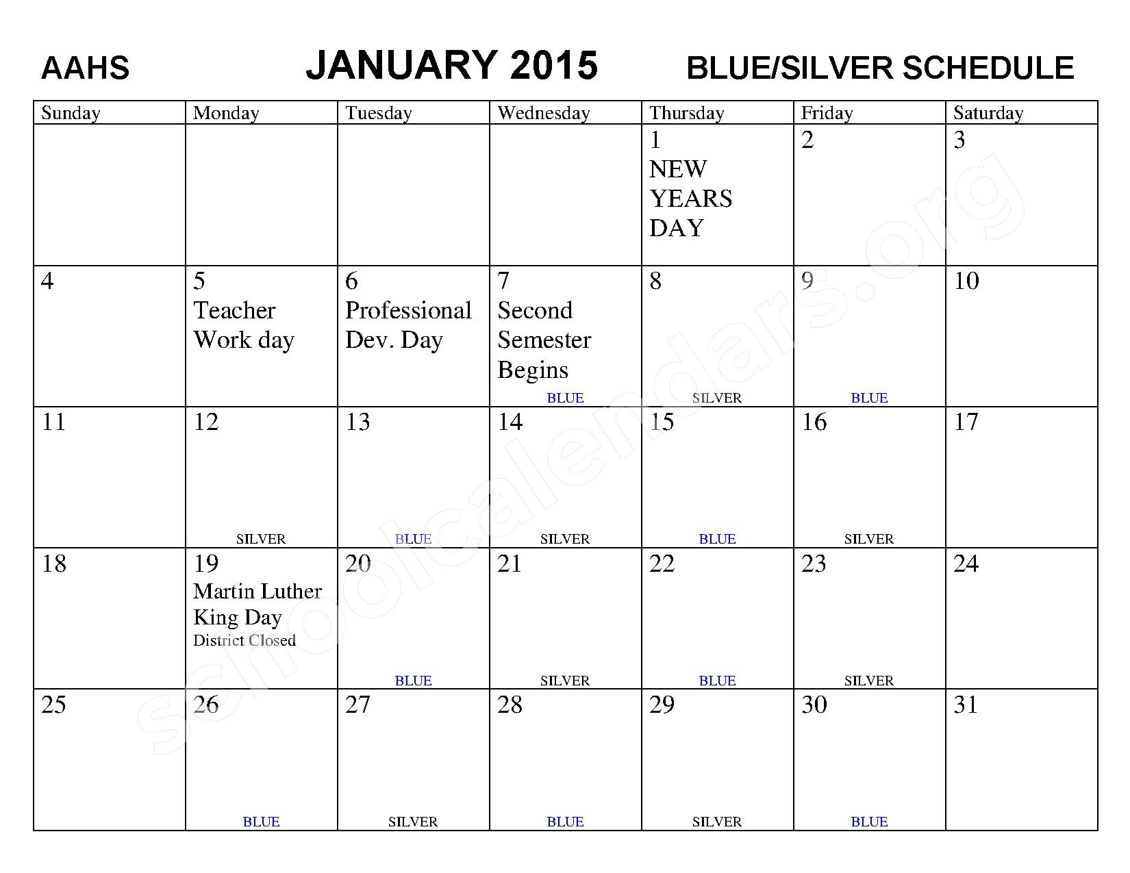 2014 2015 Blue Silver Schedule Calendar Academy Endeavour Elementary