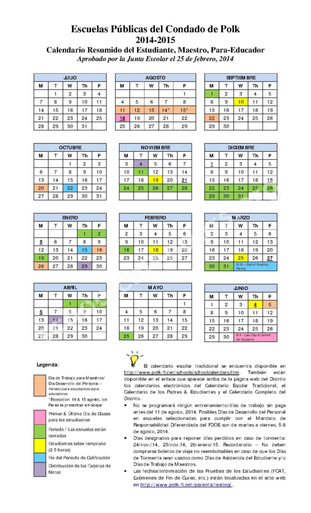 2014 2015 Calendario Escolar Southwest Elementary School Lakeland FL