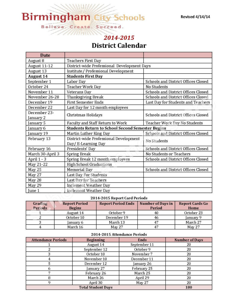 2014 2015 District Calendar Huffman Middle School Birmingham AL