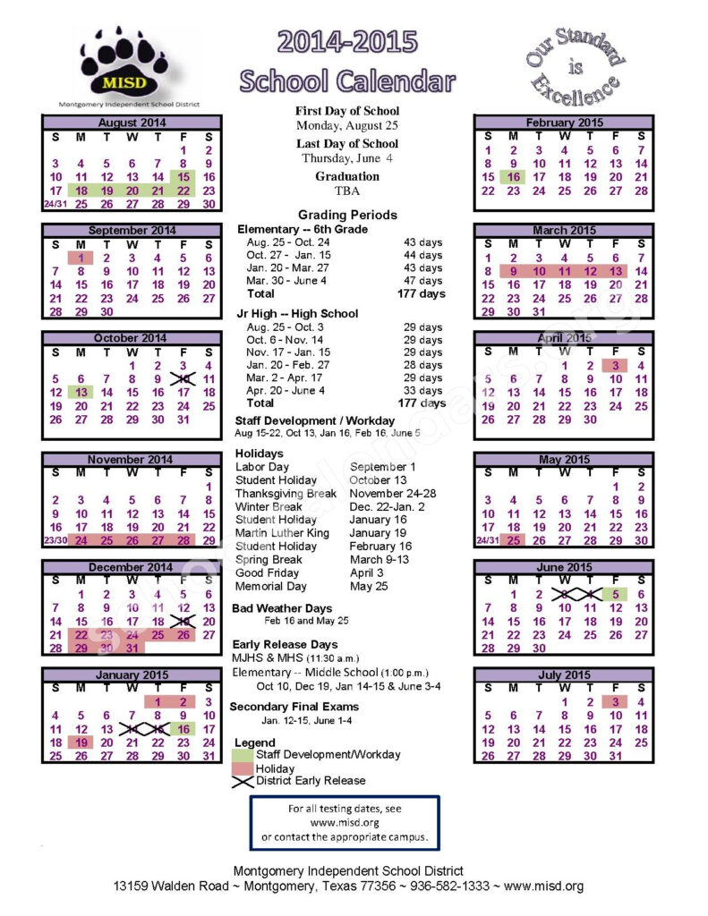2014 2015 District Calendar Lone Star Elementary School Page 1