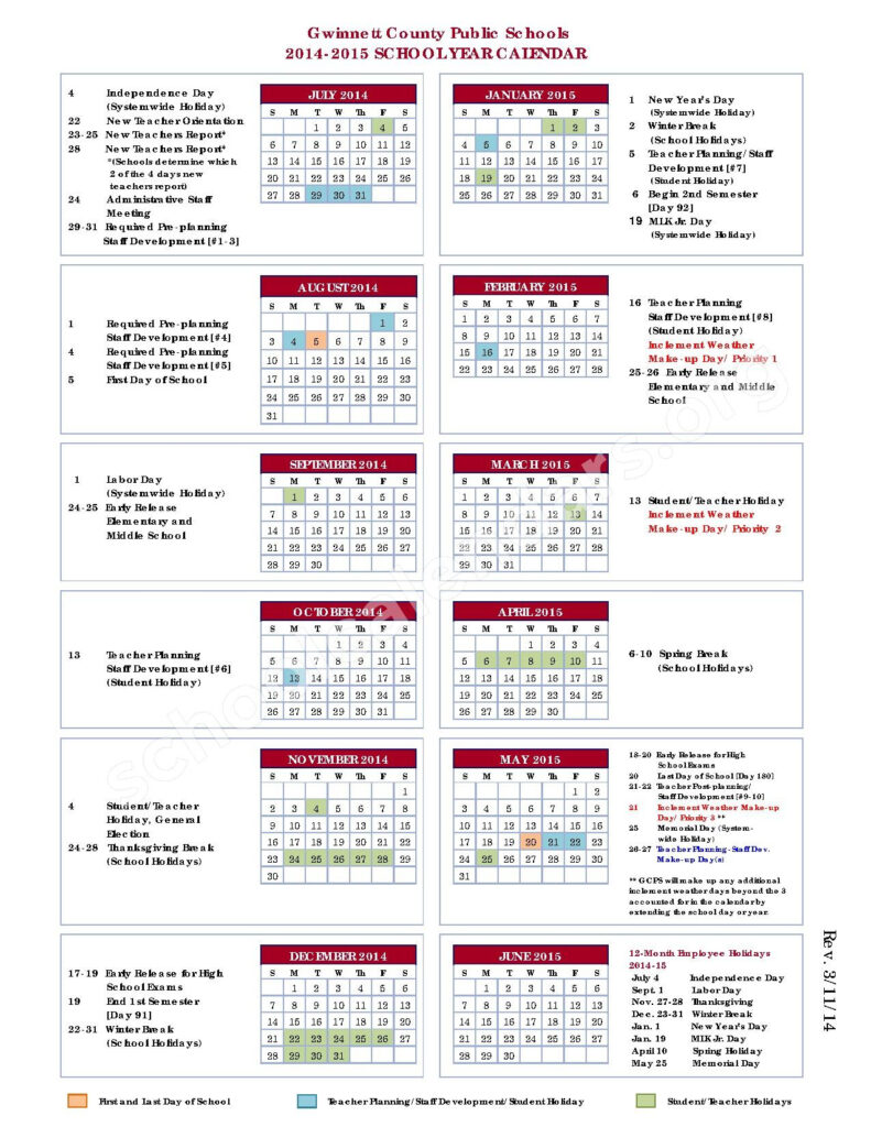 2014 2015 School Calendar Gwinnett County School District Suwanee GA