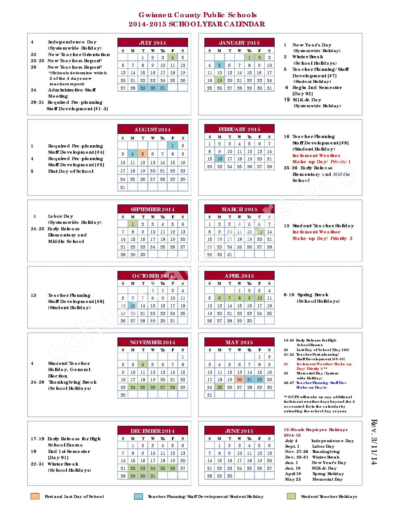 2014 2015 School Calendar Gwinnett County School District Suwanee GA