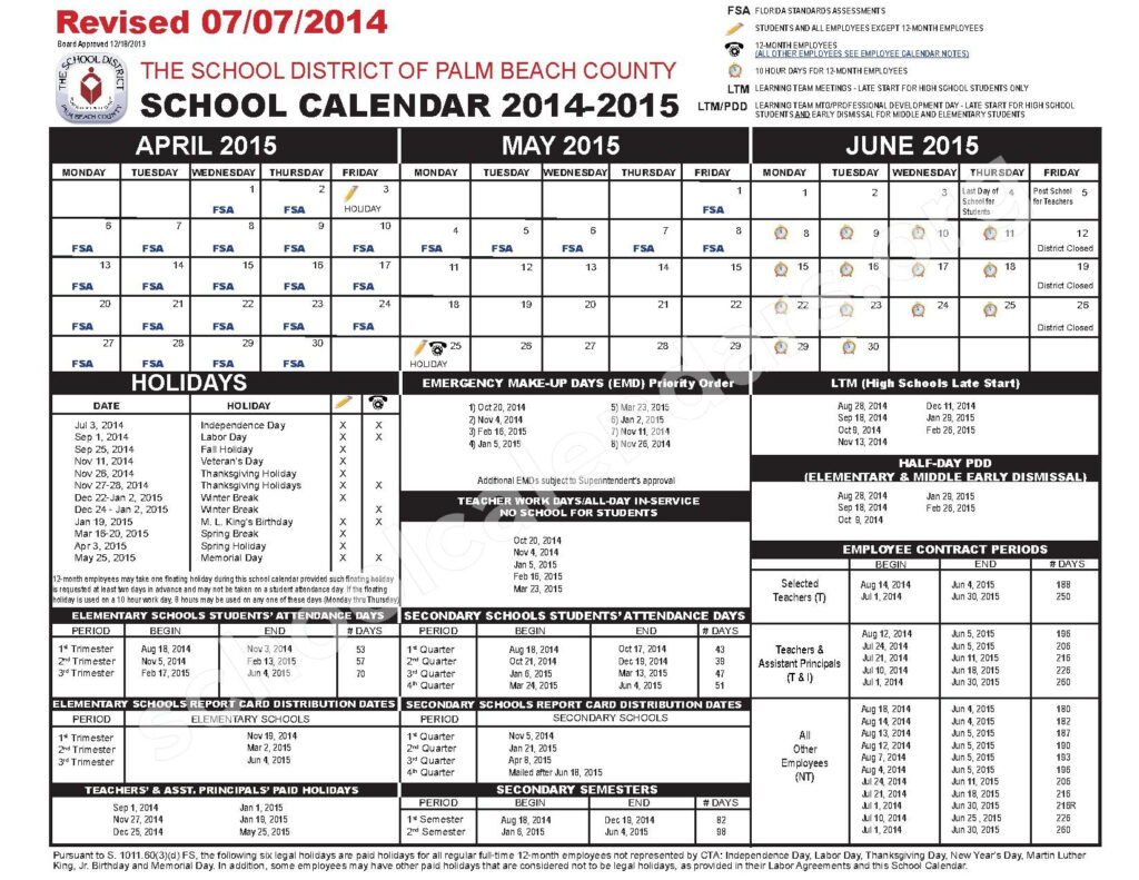 2014 2015 School Calendar Palm Beach Gardens Elementary School Page 2