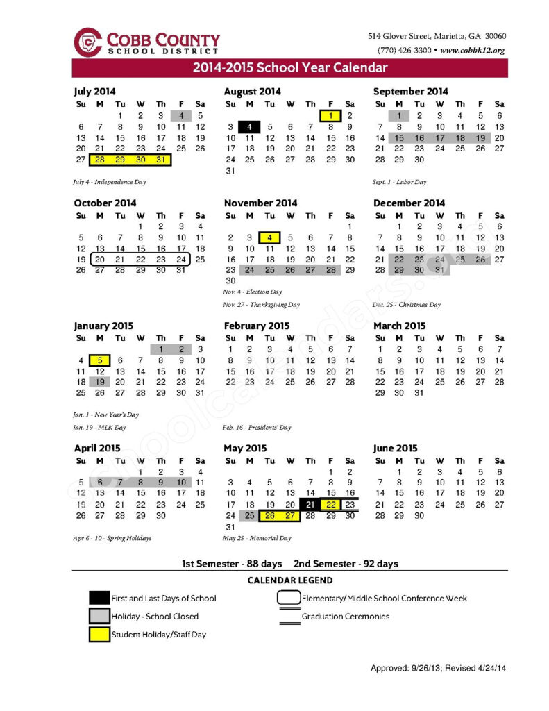 2014 2015 School District Calendar Cobb County School District 