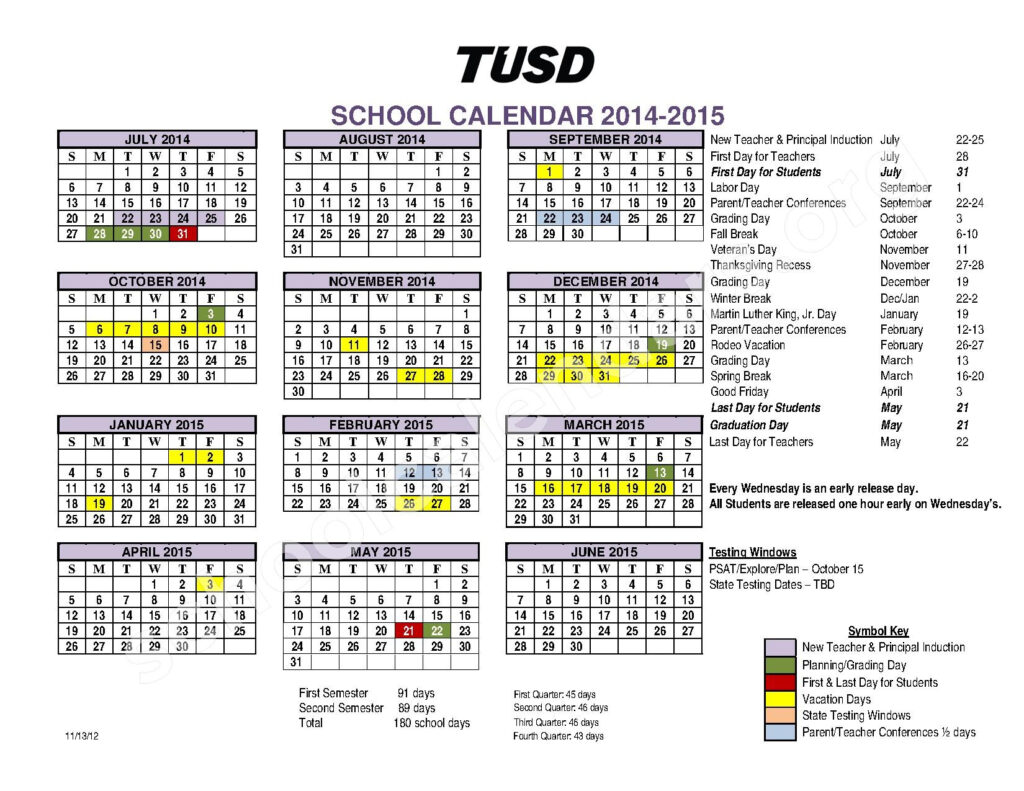 2014 2015 TUSD Calendar Vesey Elementary School Tucson AZ