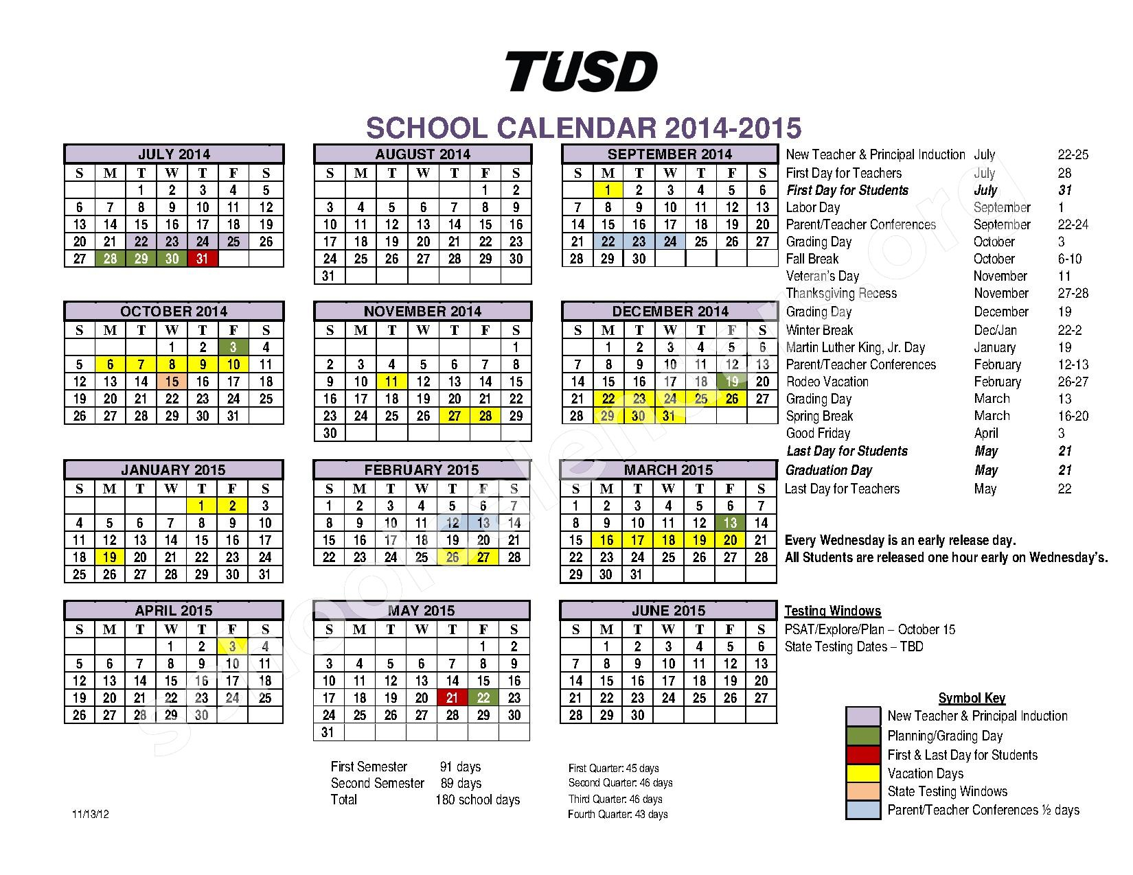 2014 2015 TUSD Calendar Vesey Elementary School Tucson AZ