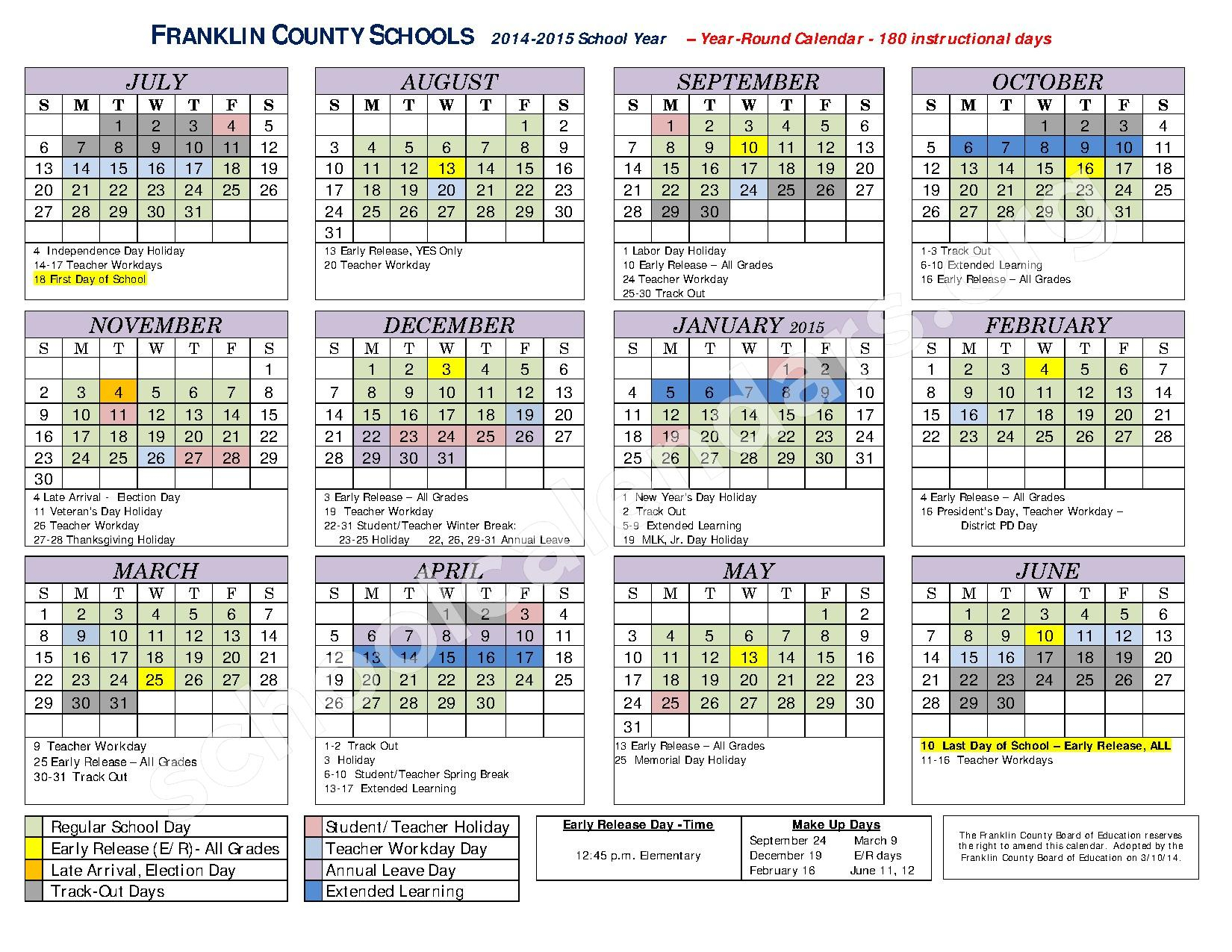 2014 2015 Year Round School Calendar Franklin County Schools