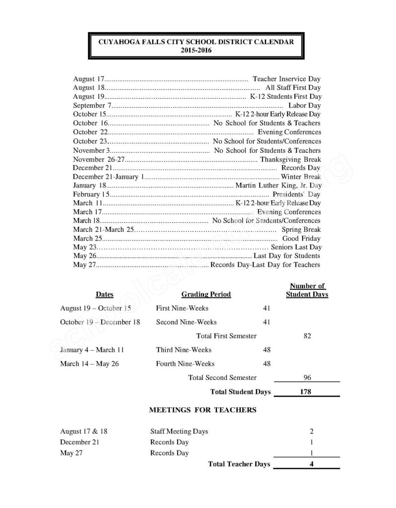 2015 2016 District Calendar Richardson Elementary School Cuyahoga 