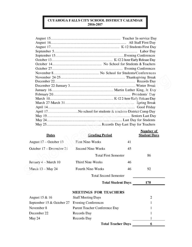 2015 2016 District Calendar Richardson Elementary School Cuyahoga 