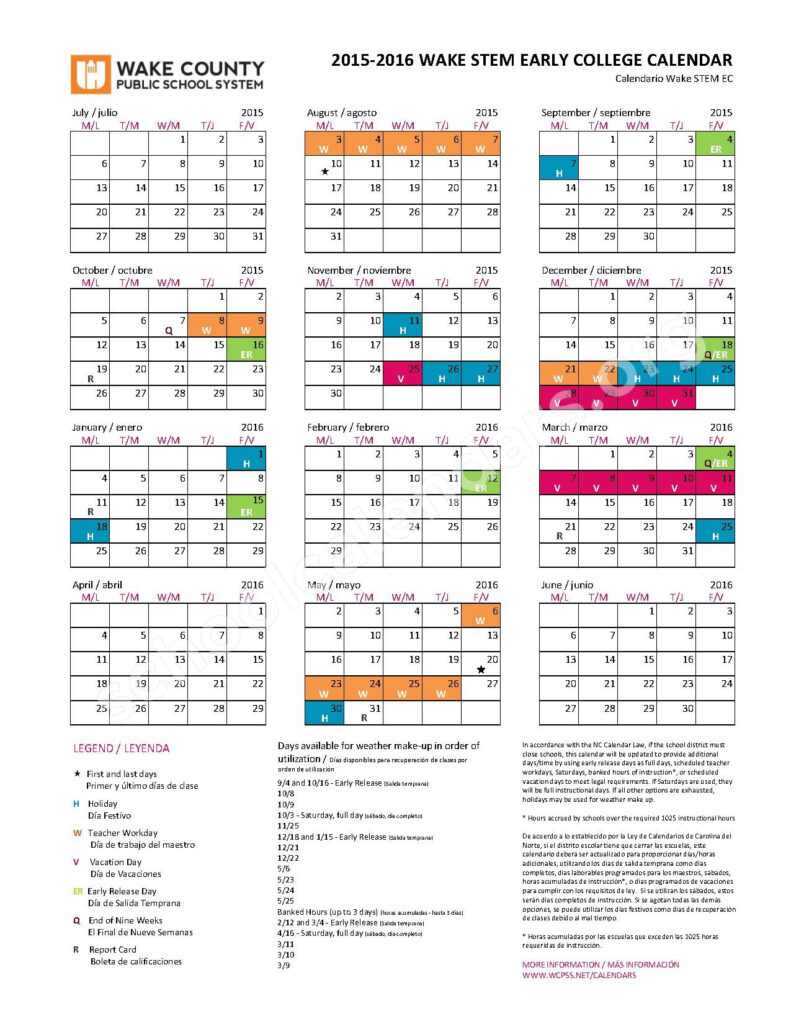 2015 2016 Early College STEM Calendar Zebulon Elementary School 