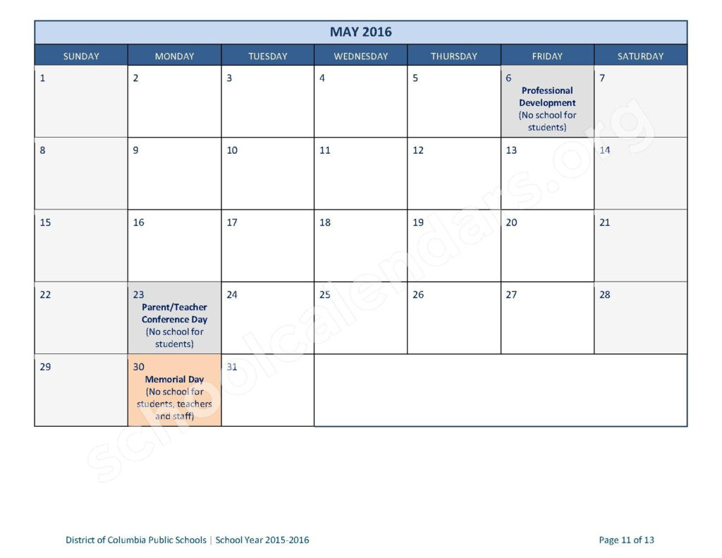 2015 2016 Monthly Calendar District Of Columbia Public Schools 