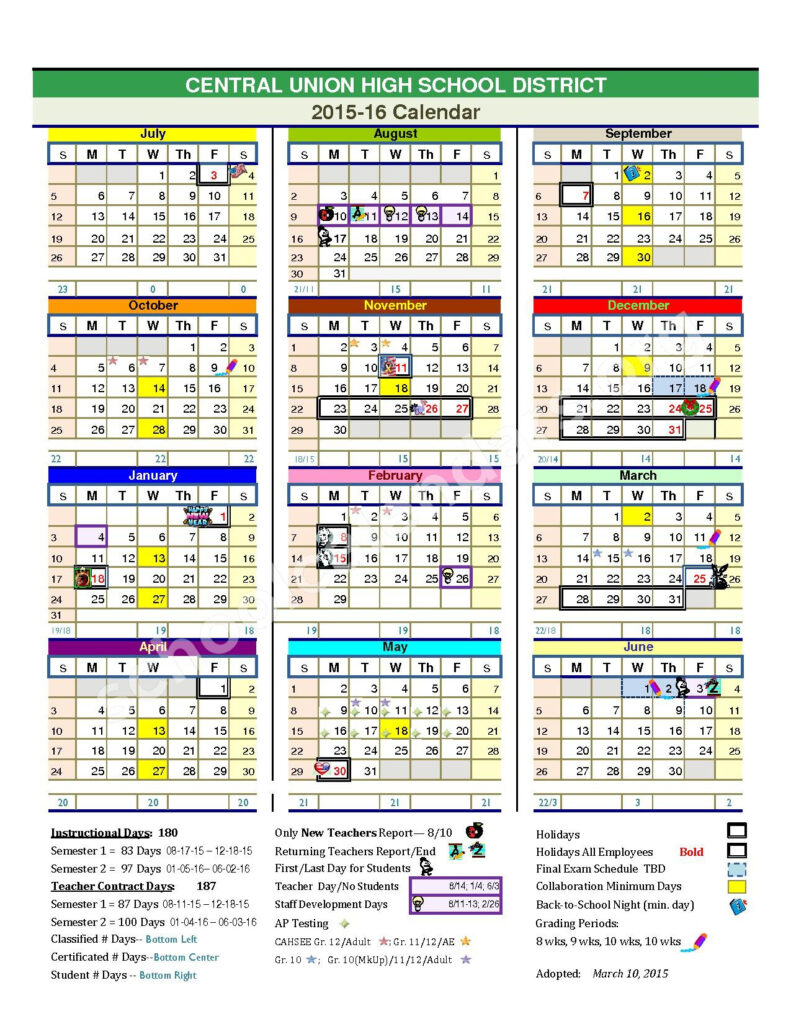 2015 2016 School Calendar Central Union High School El Centro CA