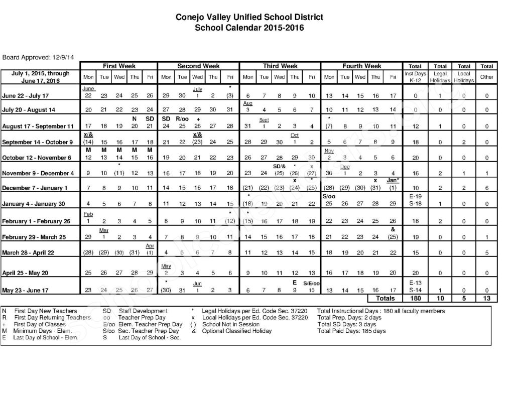 2015 2016 School Calendar Conejo Valley Unified School District 