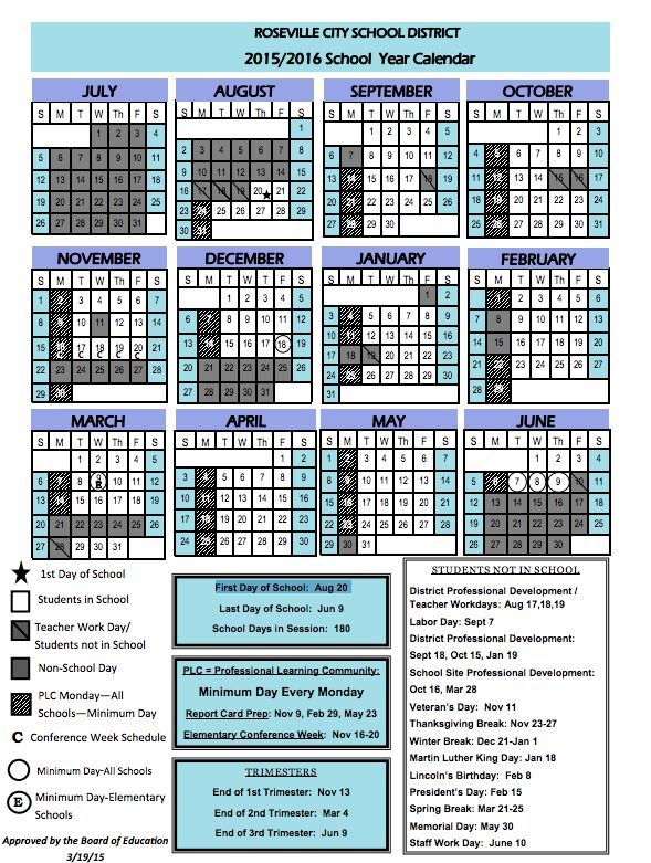 2015 2016 School Calendar For Roseville City School District Roseville 
