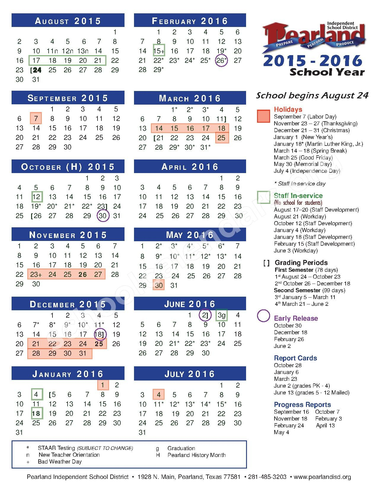 2015 2016 School Calendar Pearland Independent School District