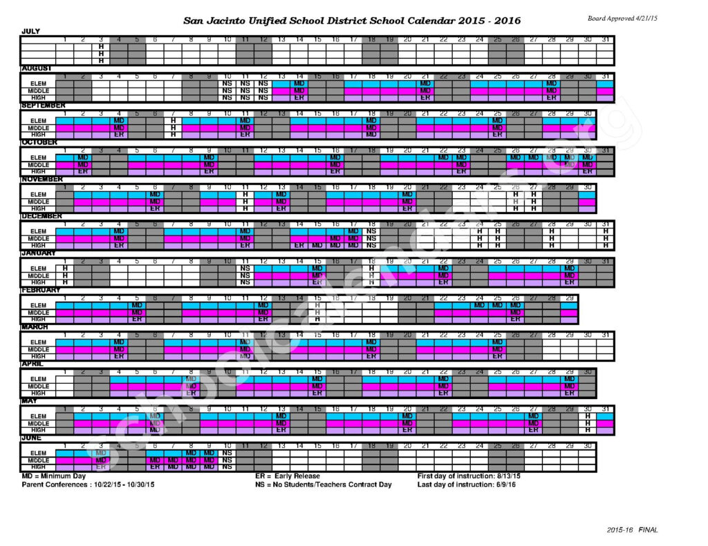 2015 2016 School Calendar San Jacinto Unified School District San 