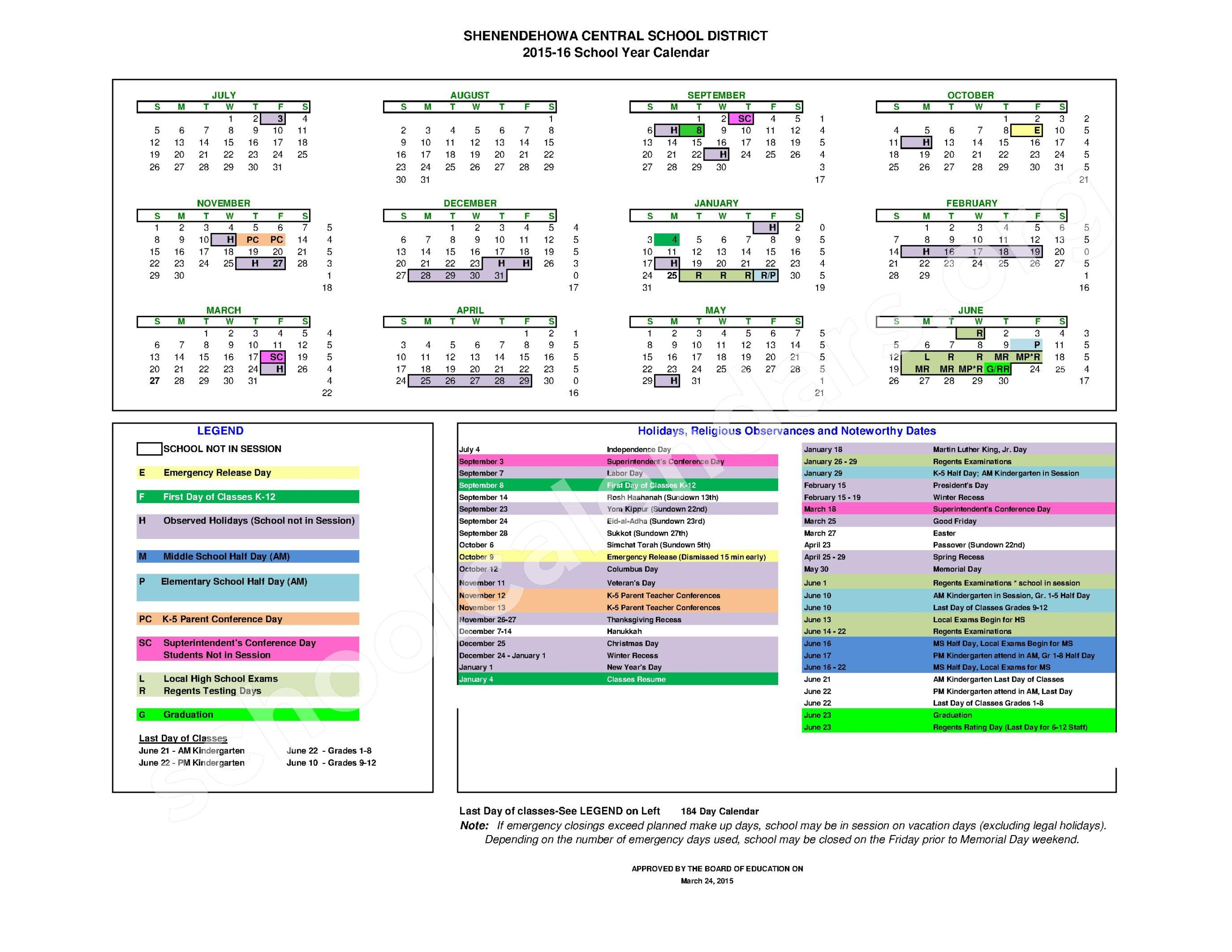 2015 2016 School Calendar Shenendehowa Central School District