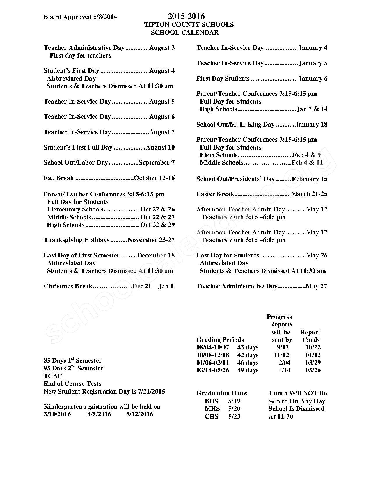 2015 2016 School Calendar Tipton County Schools Covington TN