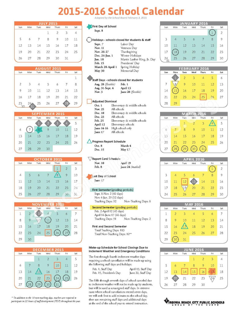 2015 2016 School Calendar Virginia Beach Public Schools Virginia 