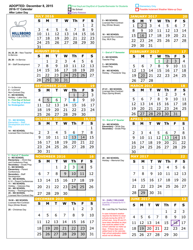 2016 17 District Calendar Hillsboro School District