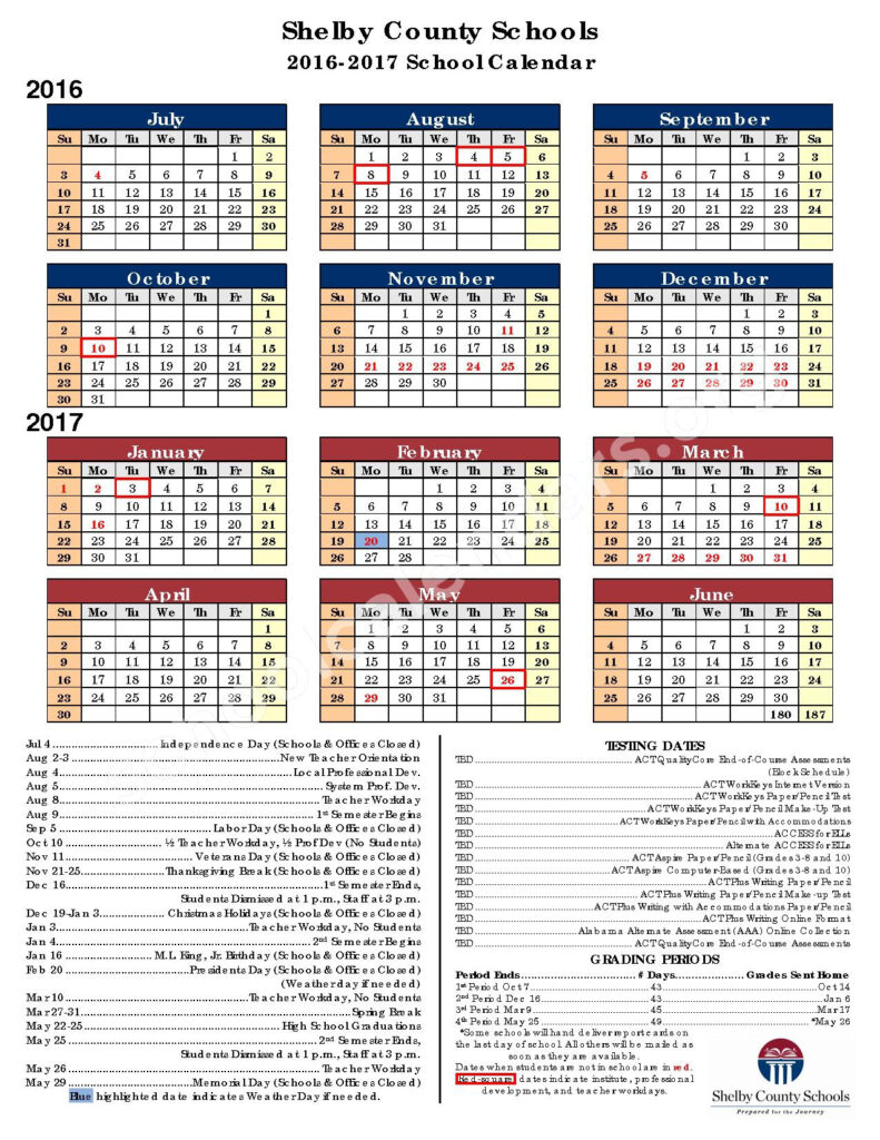 2016 2017 Academic Calendar Shelby County Schools Columbiana AL