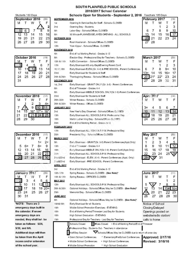 2016 2017 Academic Calendar South Plainfield Public Schools South 