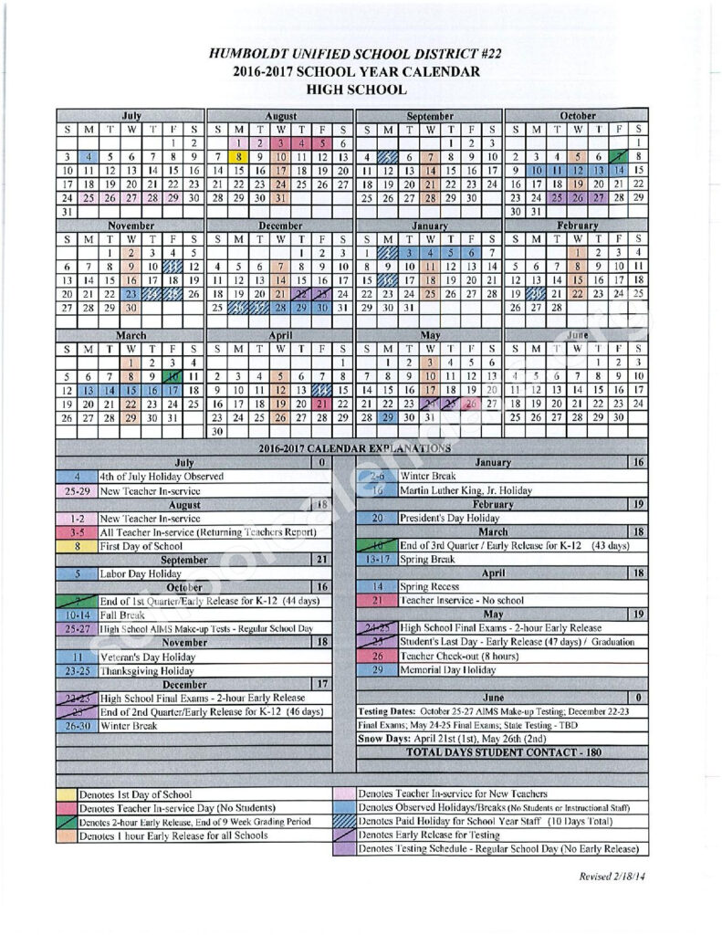 2016 2017 Calendar Humboldt Unified School District Prescott 