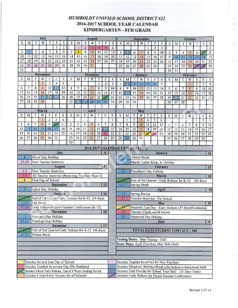 2016 2017 Calendar Humboldt Unified School District Prescott 