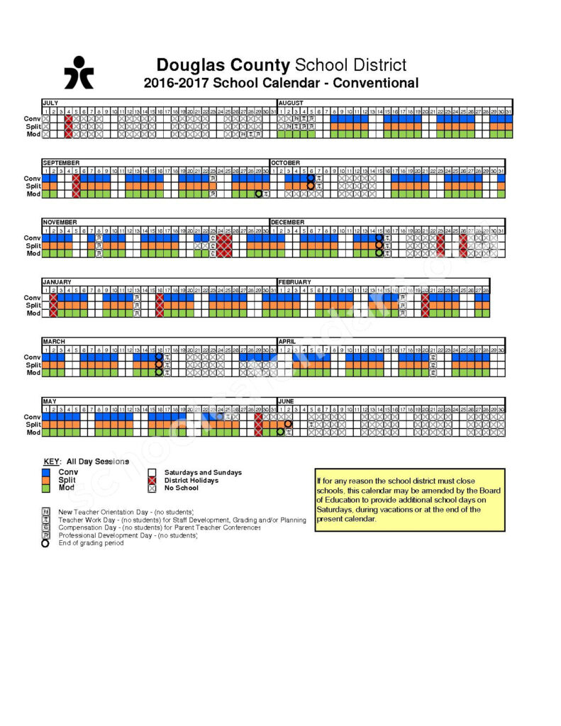 2016 2017 Conventional School Calendar Douglas County High School 