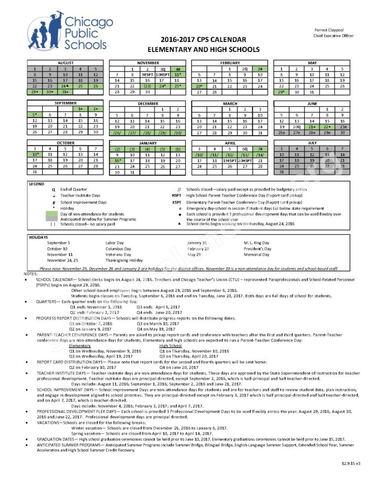 2016 2017 CPS Calendar Chicago Public Schools Chicago IL