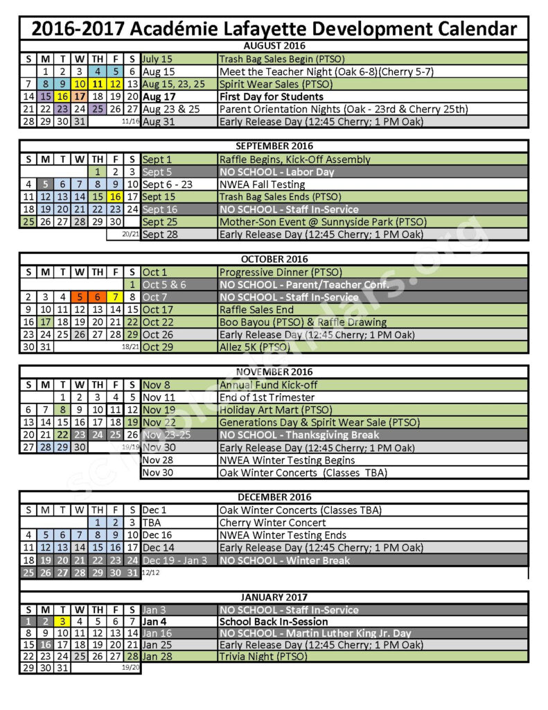 2016 2017 District Calendar Academie Lafayette Kansas City MO