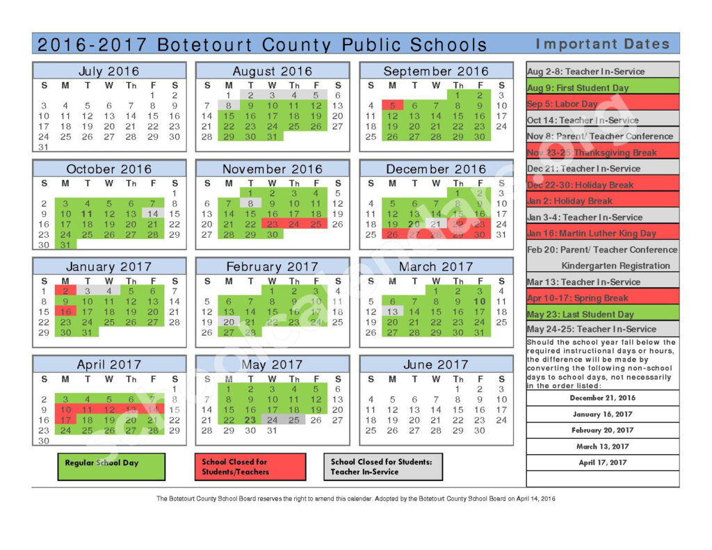 2016 2017 District Calendar Botetourt County Public Schools 
