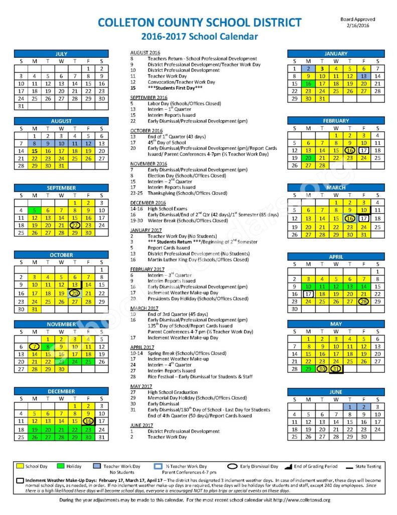 2016 2017 District Calendar Colleton County School District 