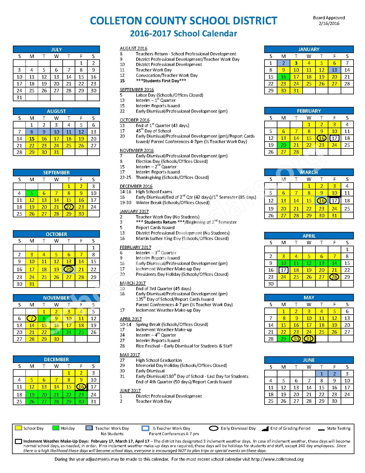 2016 2017 District Calendar Colleton County School District