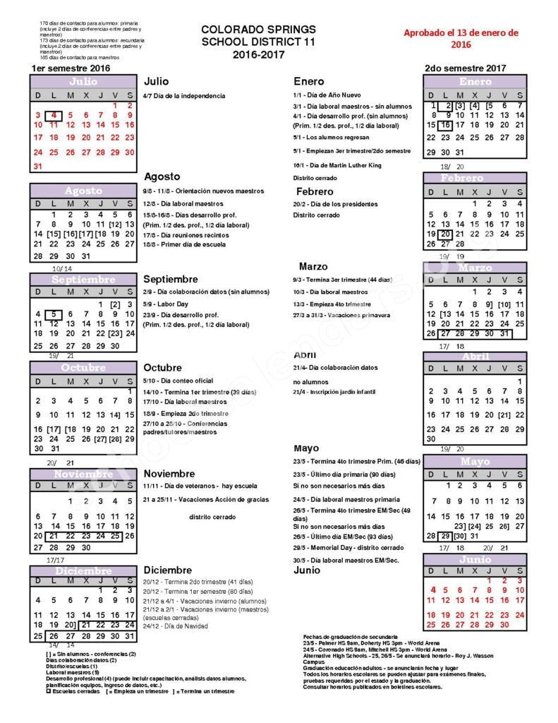 2016 2017 District Calendar Colorado Springs School District 11 