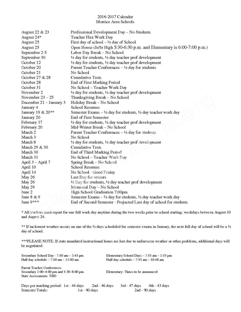 2016 2017 District Calendar Corunna Public School District 