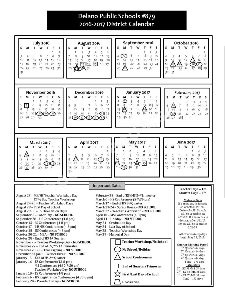 2016 2017 District Calendar Delano Public School District Delano MN