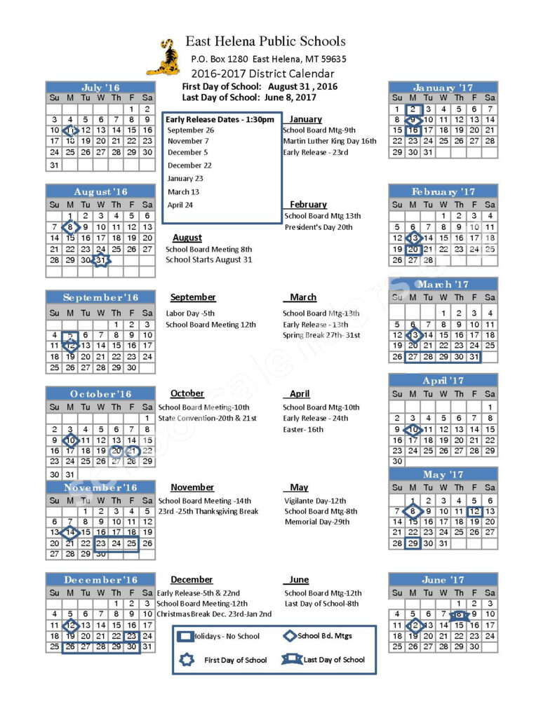 2016 2017 District Calendar East Helena Public Schools Montana