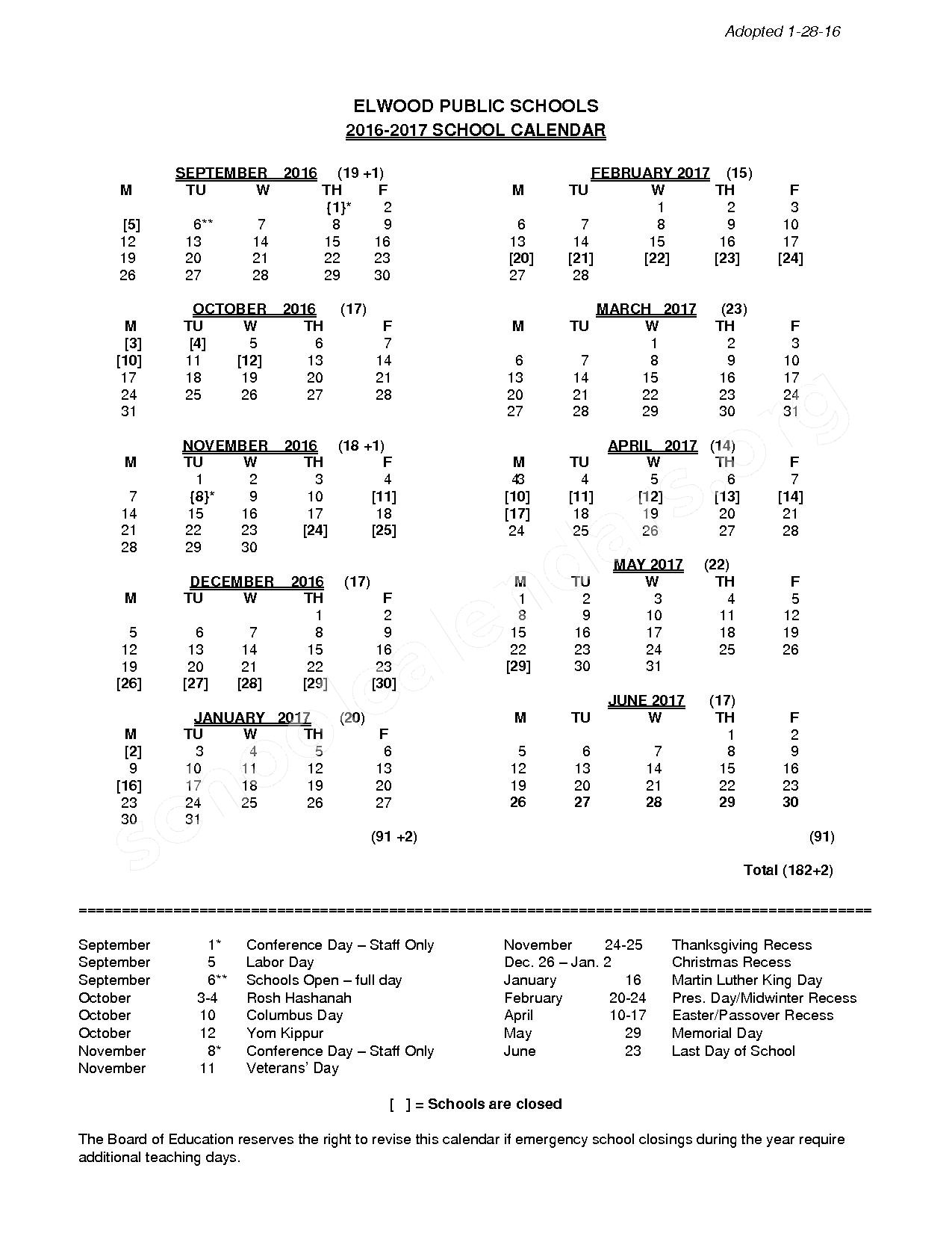 2016 2017 District Calendar Elwood Union Free School District