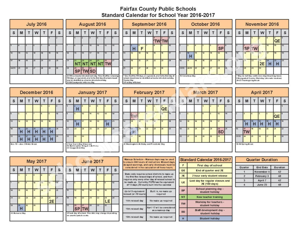 2016 2017 District Calendar Fairfax County Public Schools Falls 
