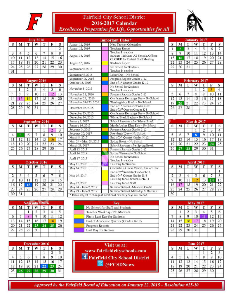 2016 2017 District Calendar Fairfield East Elementary School 