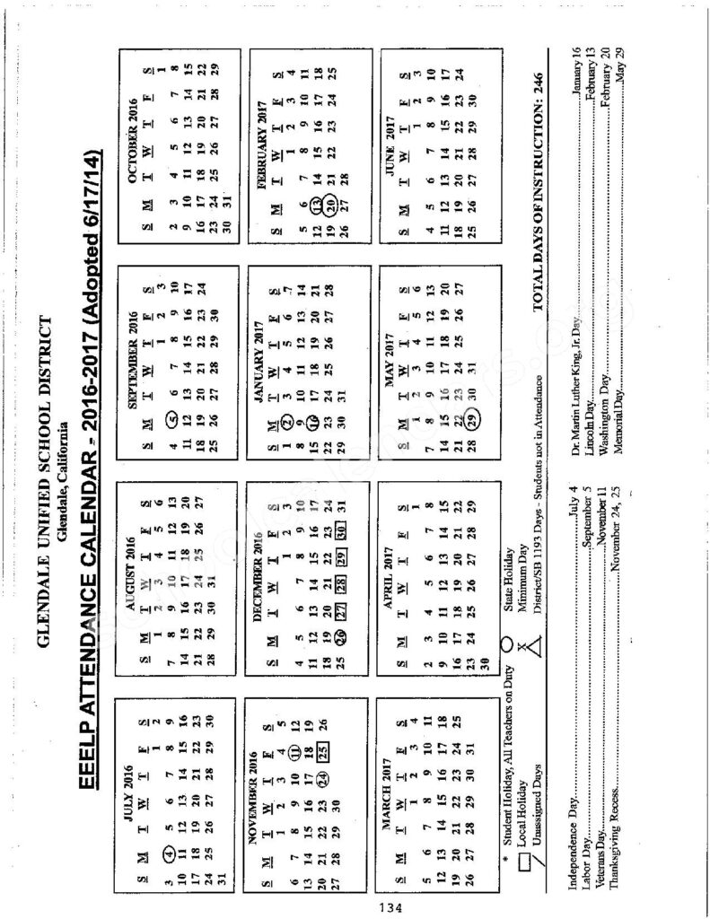 2016 2017 District Calendar Glendale Unified School District 