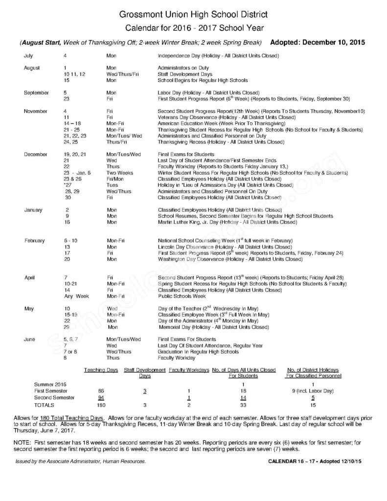 2016 2017 District Calendar Grossmont Union High School District 