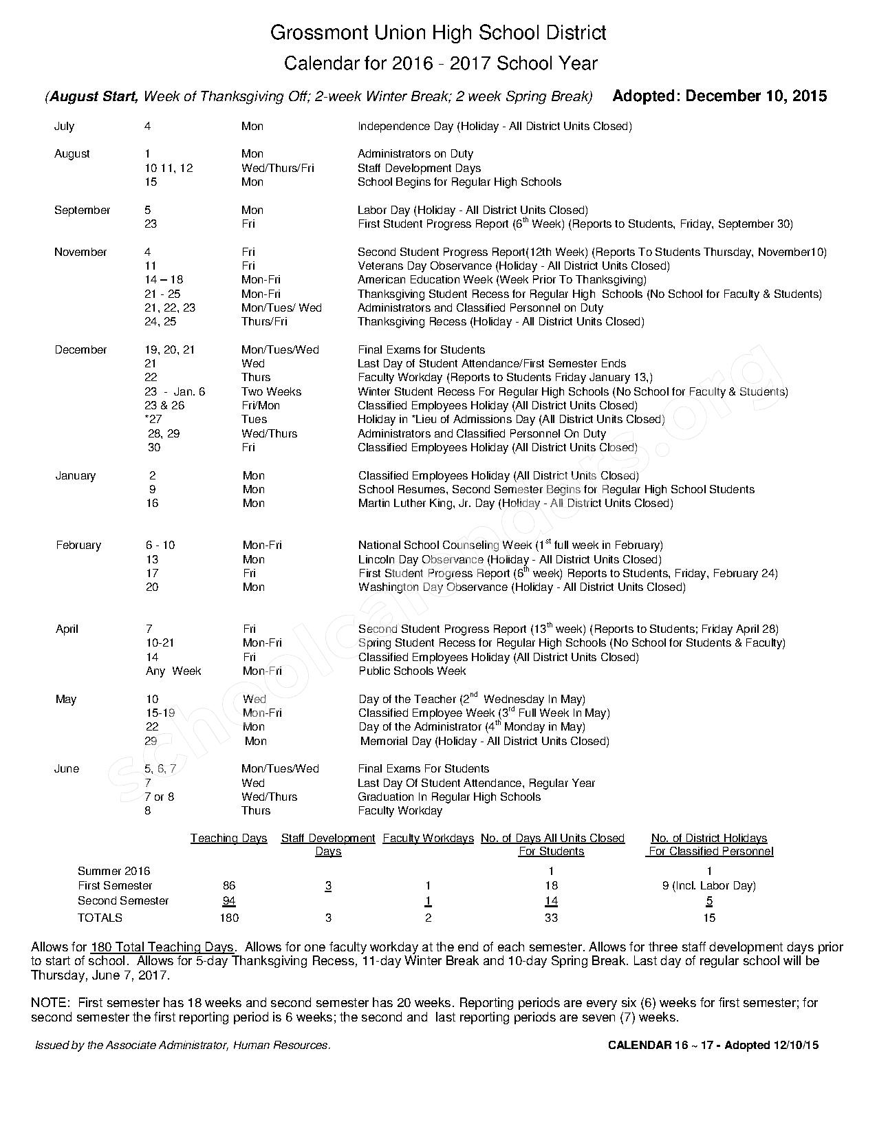 2016 2017 District Calendar Grossmont Union High School District