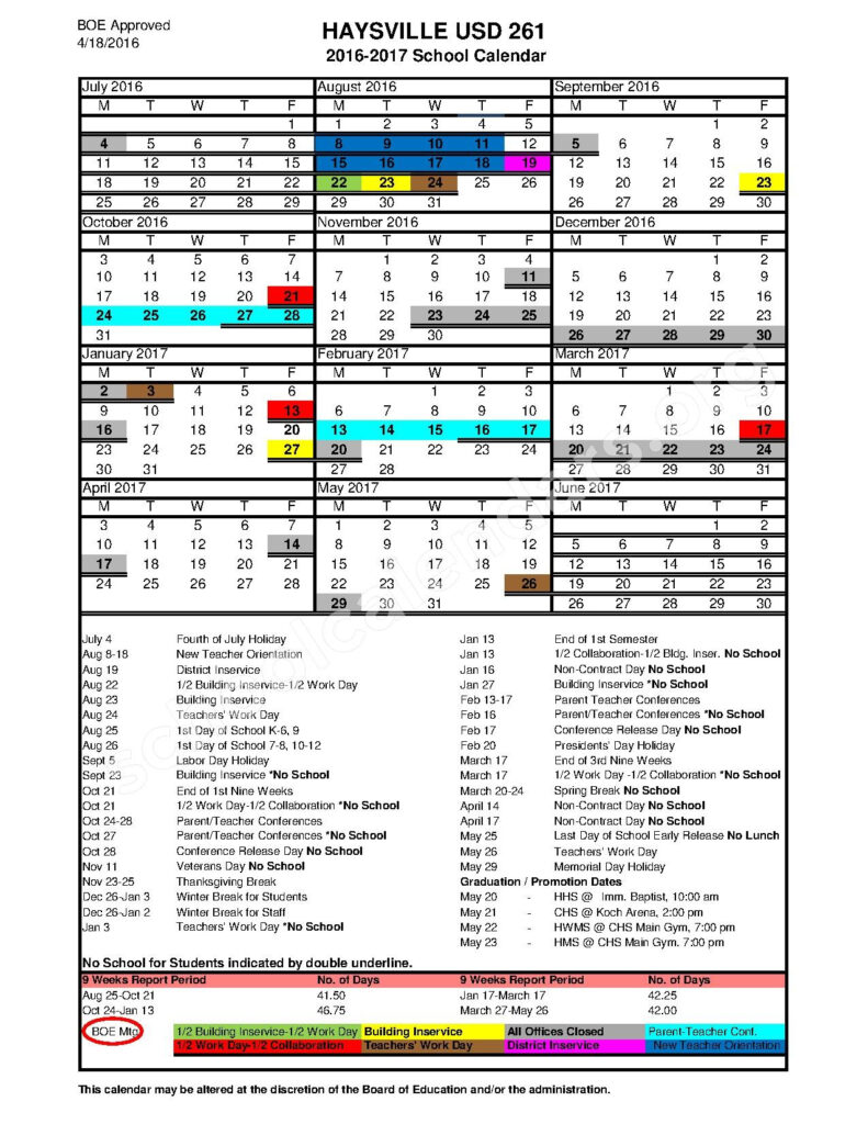 2016 2017 District Calendar Haysville Unified School District 261 