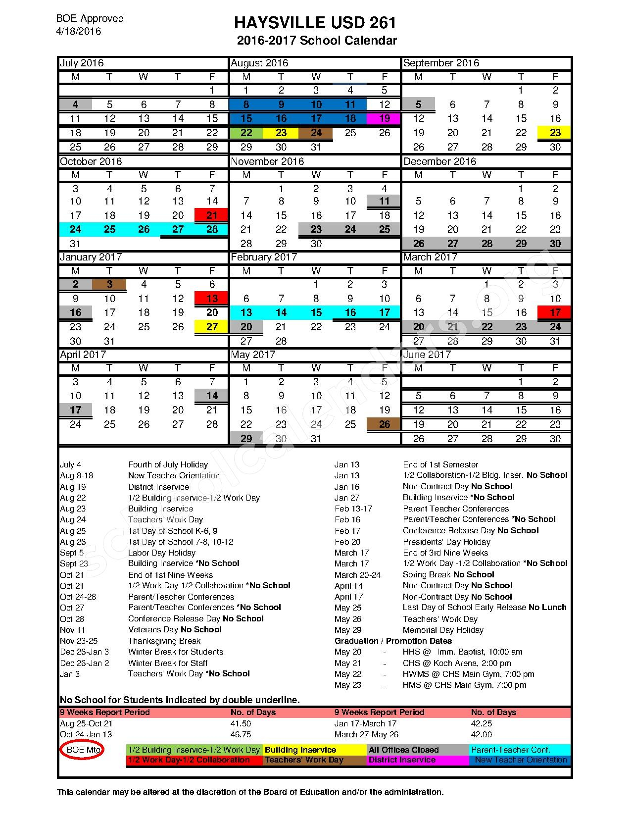 2016 2017 District Calendar Haysville Unified School District 261