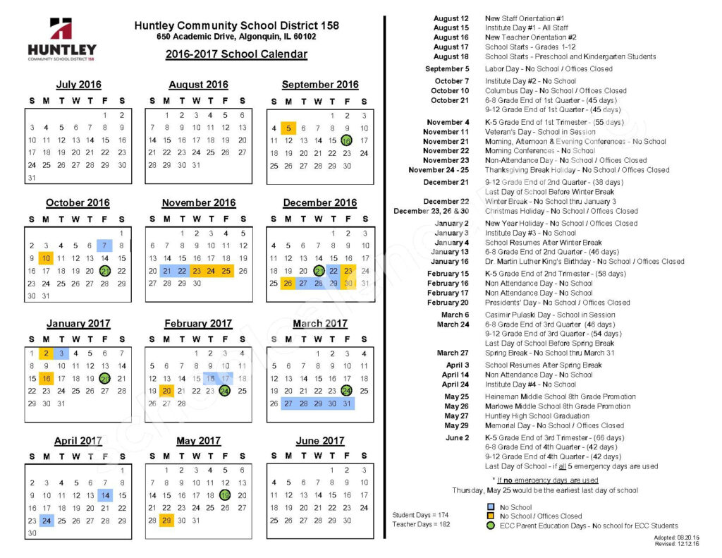 2016 2017 District Calendar Huntley High School Huntley IL