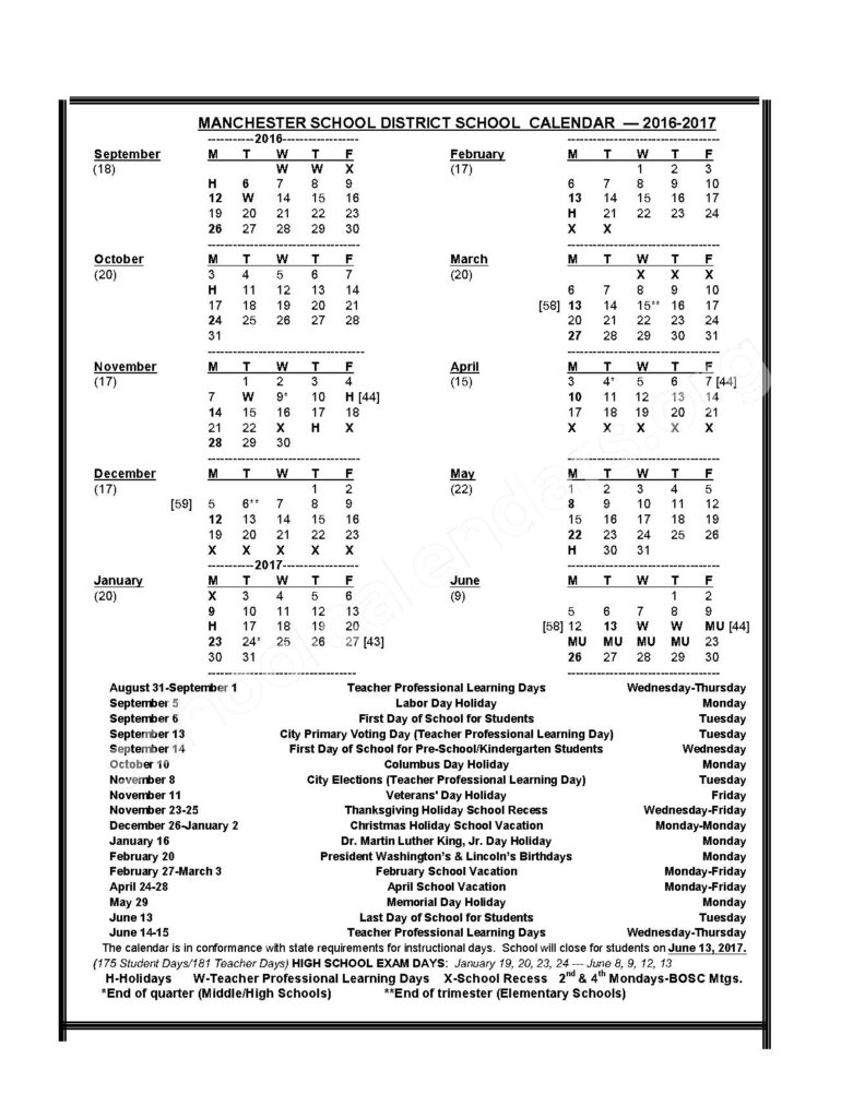 2016 2017 District Calendar Jewett School Manchester NH